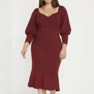 Eloquii Maroon Plus Balloon 3/5 Sleeve Red Ruffle Bodycon Burgundy Midi Dress 20